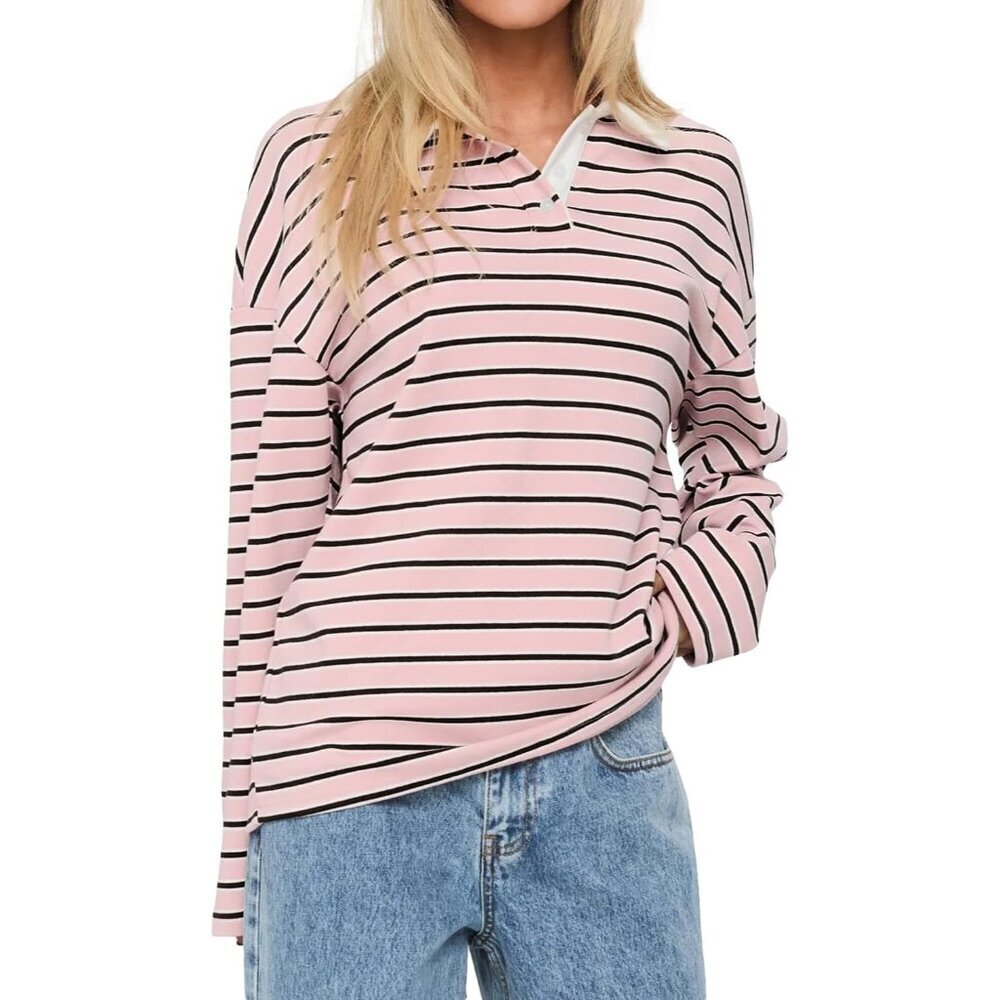 Women Oversized Y2K Striped Rugby Polo Shirt V Collar Fall Casual Tops